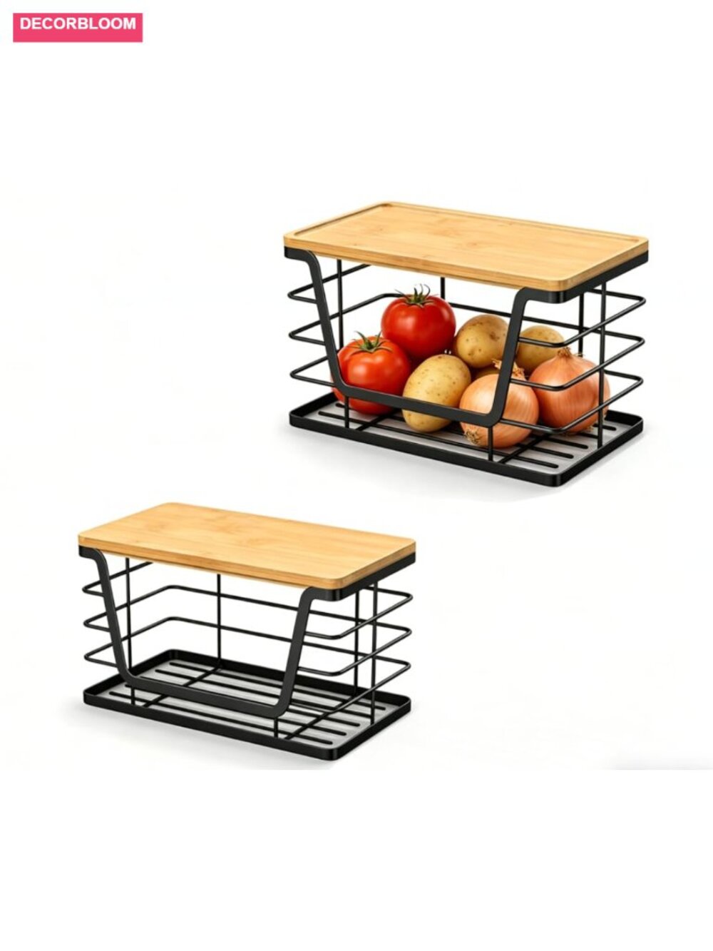 2 Pack Stackable Wire Produce Storage Bins with Bamboo Top